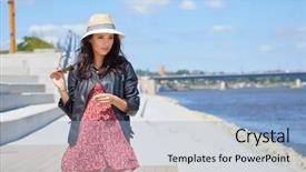  Presentation with happy smiling woman dental health - Presentation featuring funky free - portrait of happy smiling woman background and a light blue colored foreground