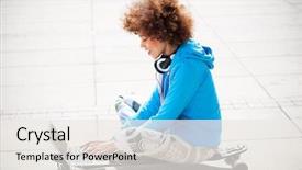  Presentation with outdoors - Presentation design consisting of funky free - young woman using laptop outdoors background and a  colored foreground