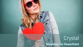  Presentation with adolescence - Theme featuring funky girl in love isolated on blue background holding in hands red paper heart romantic gift on valentine day adolescence affection concept background and a ocean colored foreground