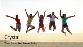  Presentation with jumping into the ocean - Presentation consisting of funky groovy - smiling friends dancing and jumping background and a  colored foreground