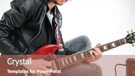  Presentation with black man - Slides enhanced with funky instrument - closeup of concentrated young man background and a  colored foreground