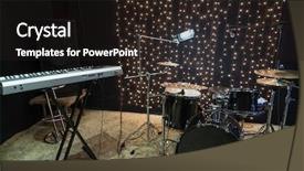  Presentation with funky - Amazing PPT theme having funky instrument - studio room with keyboard drum backdrop and a dark gray colored foreground