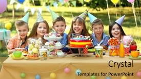  Presentation with children birthday - Beautiful presentation theme featuring funky kids - children celebrating birthday in park backdrop and a yellow colored foreground