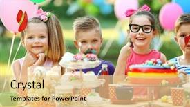  Presentation with kids birthday - Slide set having funky kids - children celebrating birthday in park background and a  colored foreground