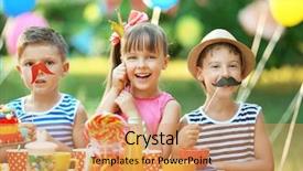  Presentation with kids birthday - Amazing PPT theme having funky kids - children celebrating birthday in park backdrop and a coral colored foreground