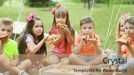  Presentation with children and healthy eating - Colorful presentation enhanced with funky kids - children eating pizza on grass backdrop and a coral colored foreground
