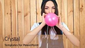  Presentation with funky - Theme with funky-young-woman-blowing-balloon background and a coral colored foreground