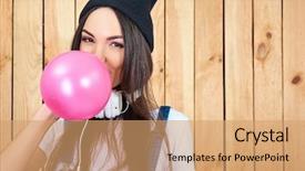  Presentation with funky - Audience pleasing theme consisting of funky-young-woman-blowing-balloon backdrop and a coral colored foreground