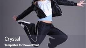  Presentation with funky - Slides enhanced with funky young woman jumping and dancing isolated on grey background background and a dark gray colored foreground