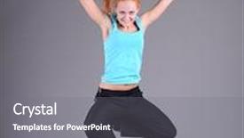  Presentation with funky - Theme with funky young woman jumping and dancing isolated on grey background background and a gray colored foreground