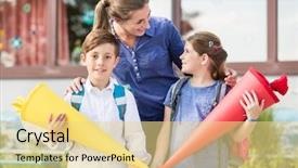  Presentation with school children - Amazing slide deck having funnel - mother and children on first backdrop and a blonde colored foreground