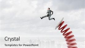  Presentation with funny - Slide set with funny - businessman jumping on springboard background and a white colored foreground