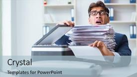  Presentation with machine - Slide set having funny - businessman making copies in copying background and a light blue colored foreground