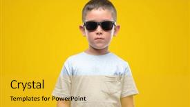  Presentation with child nurture - Cool new slide deck with funny - dark haired little child wearing backdrop and a gold colored foreground