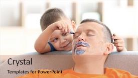  Presentation with sleeping - PPT theme with funny - little boy painting his father's background and a coral colored foreground