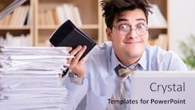  Presentation with accountant - Presentation theme featuring funny accountant bookkeeper working in the office background and a light blue colored foreground