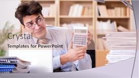  Presentation with accountant - PPT theme enhanced with funny accountant bookkeeper working in the office background and a coral colored foreground