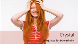  Presentation with messy - Presentation design enhanced with funny amusing cheerful girl with messy tousled long red hair holding her hands to her head and laughing background and a red colored foreground
