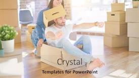  Presentation with crazy - Presentation theme enhanced with funny and crazy couple having fun riding a cardboad box as a car smiling happy and lauging at new home background and a coral colored foreground