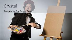 Presentation with artist - PPT theme enhanced with funny-artist-in-dark-studio background and a light gray colored foreground