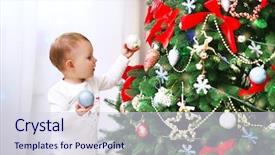  Presentation with baby christmas - PPT theme featuring funny baby girl decorating christmas background and a sky blue colored foreground