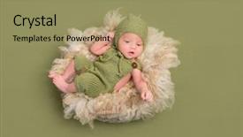  Presentation with costume - PPT theme consisting of funny baby in knitted costume background and a coral colored foreground