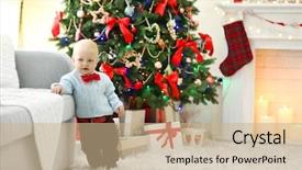  Presentation with baby tree - Slide set having funny baby on soft carpet near sofa and christmas tree on background background and a coral colored foreground