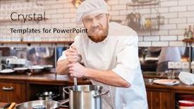  Presentation with cooking chef - Presentation theme with funny bearded chef cook standing and cooking soup on the kitchen background and a coral colored foreground