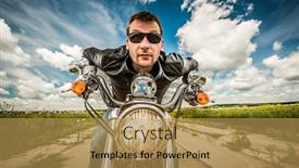  Presentation with road racing - Beautiful presentation design featuring funny biker in sunglasses and leather jacket racing on the road fisheye lens backdrop and a yellow colored foreground