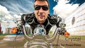  Presentation with road racing - Colorful slide set enhanced with funny biker in sunglasses and leather jacket racing on the road fisheye lens backdrop and a coral colored foreground