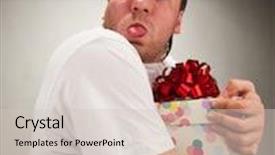  Presentation with funny - Theme consisting of funny birthday man with gift making face background and a soft green colored foreground