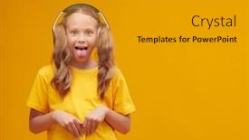  Presentation with tv show studio camera - Theme having funny-blond-girl-in-headphones background and a gold colored foreground