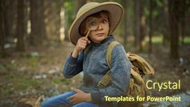  Presentation with magnifying glass - PPT theme having funny-boy-in-pith-helmet background and a  colored foreground