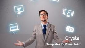  Presentation with juggling - Presentation featuring funny boy standing and juggling with electronic devices icons background and a gray colored foreground