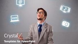  Presentation with juggling - Presentation theme consisting of funny boy standing and juggling with electronic devices icons background and a gray colored foreground