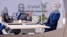  Presentation with skeletons - Cool new slide set with funny-business-meeting-with-devil backdrop and a light blue colored foreground