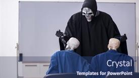  Presentation with skeletons - Cool new PPT theme with funny-business-meeting-with-devil backdrop and a ocean colored foreground