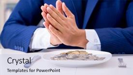  Presentation with gold coins and jewelry - Slide deck with funny businessman eating gold coins background and a  colored foreground