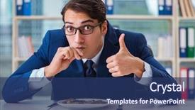  Presentation with gold coins and jewelry - Slide set with funny businessman eating gold coins background and a ocean colored foreground