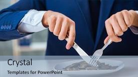  Presentation with gold coins and jewelry - Presentation theme having funny businessman eating gold coins background and a light blue colored foreground