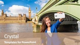  Presentation with travel agency pictures - Cool new PPT layouts with funny businesswoman taking goofy selfie backdrop and a coral colored foreground