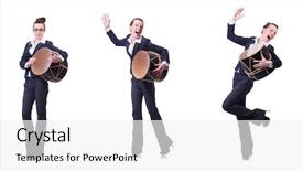  Presentation with drum - PPT layouts with funny businesswoman with drum isolated on white background and a white colored foreground