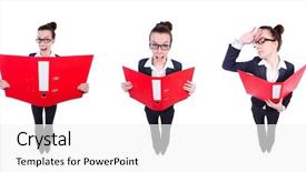  Presentation with funny - Amazing PPT theme having funny businesswoman with red folder on white backdrop and a white colored foreground