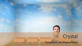  Presentation with box carton - PPT theme featuring funny cartoon image of businessman background and a coral colored foreground