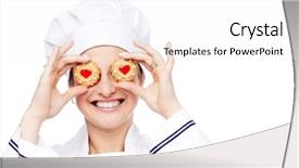  Presentation with biscuit - Audience pleasing presentation design consisting of funny chef holding two biscuit front of eyes on white background backdrop and a white colored foreground