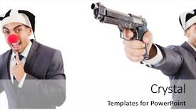  Presentation with clown - Cool new slides with funny clown businessman with handgun backdrop and a white colored foreground