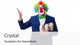  Presentation with clown - Beautiful PPT theme featuring funny clown businessman with money backdrop and a  colored foreground