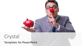  Presentation with clown - PPT theme enhanced with funny clown businessman with a piggy bank isolated on white back background and a white colored foreground
