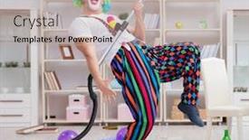  Presentation with clown - Presentation theme having funny clown doing cleaning background and a mint green colored foreground