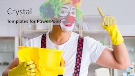  Presentation with clown - Presentation theme featuring funny clown doing cleaning at home background and a light gray colored foreground